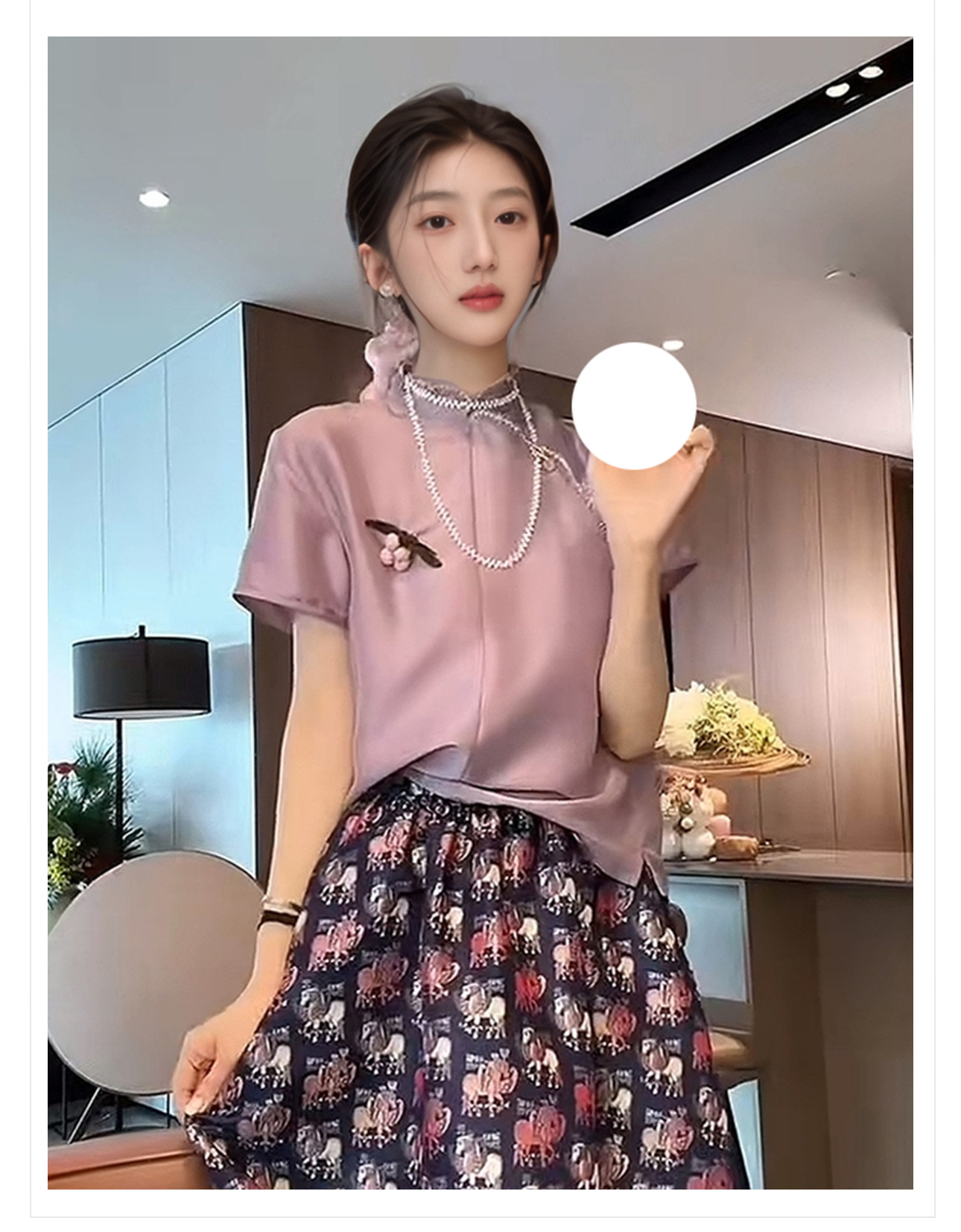 Áo sơ mi lụa tằm kiểu Trung Quốc mới mùa hè, cổ chéo viền ren cài khuy ZX N4002 — Ánh trăng xanh lam, Hoa anh đào, Tím khoai môn chi tiết 3