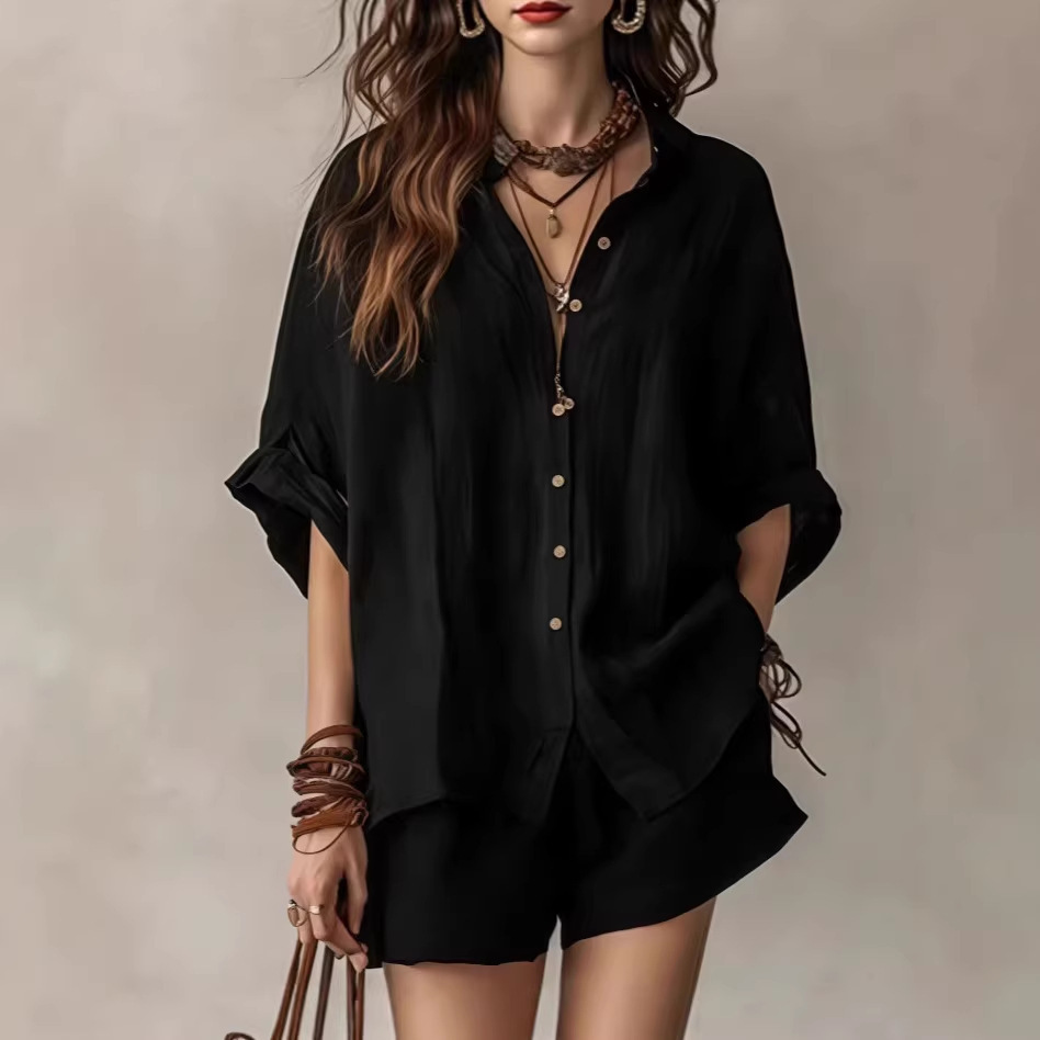 Women's Fashion Casual Suit Solid Color Loose Button Down Shirt And Shorts Spring/Summer New Style Clothing_ecoleips.com
