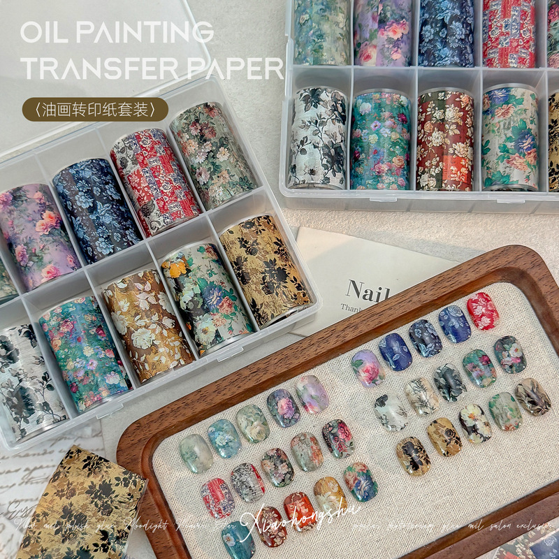 10-Piece Autumn and Winter Oil Painting Transfer Paper Nail Art Oil Painting Style Transfer Sticker Set Winter High-End Floral Design 10-Piece Autumn and Winter Oil Painting Transfer Paper Nail Art Oil Painting Style Transfer Sticker Set Winter High-End Floral Design