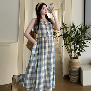 2024 Maternity Summer Plaid Cotton Mori Women Sweet A- line Skirt dress
