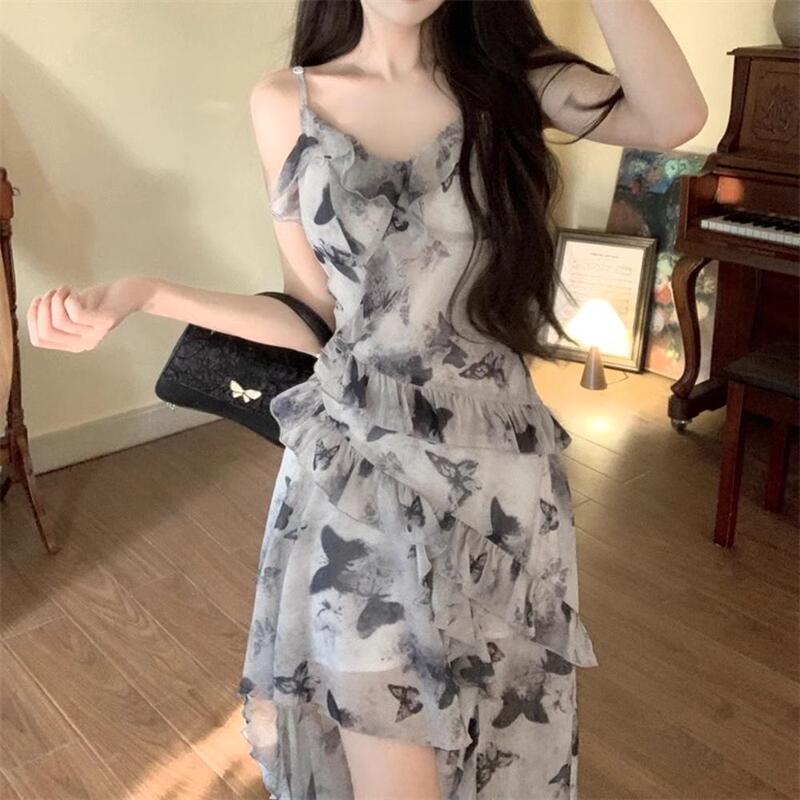 Irregular Royal Sister Feeling Pure Desire Style dress Women's Summer New French Style Long Dress Elegant Waist Floral Dress with Slip