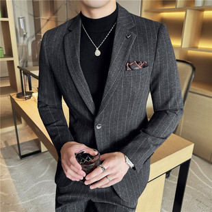 Autumn and Winter Men's New Striped Suit Suit Woolen Slim Business Casual Single-Breasted Suit Two-Piece Set