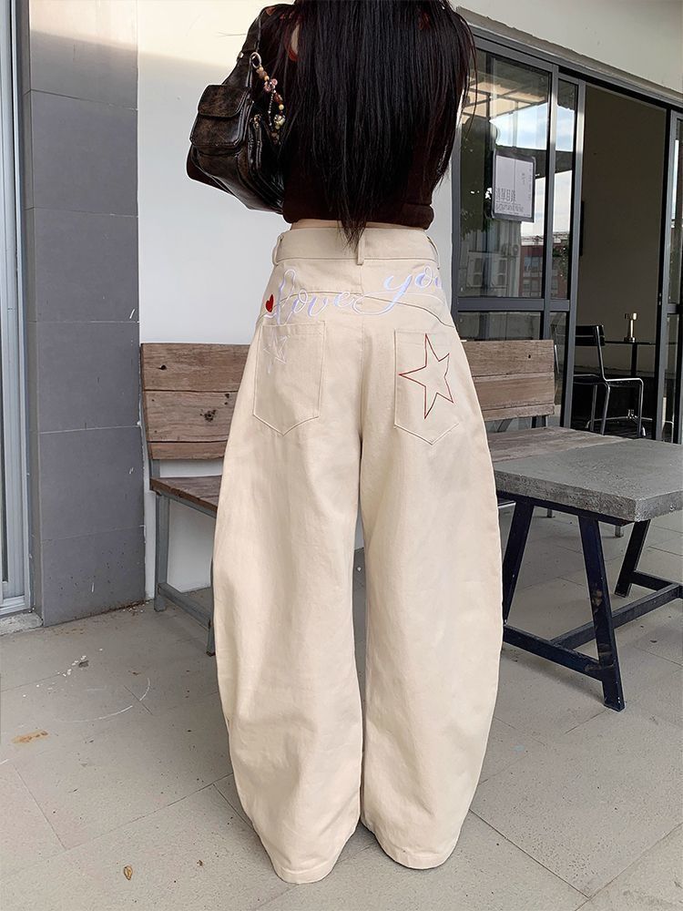 Korean Style Women's Slim Fit Wide Leg Pants Khaki Embroidered Curved Blade Jeans Casual Cotton Denim For Versatile Winter Fashion_ecoleips.com
