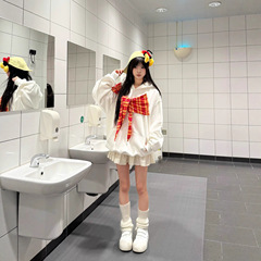 美式蝴蝶结格子绑带连帽卫衣女2025秋季新款设计感情侣装宽松外套