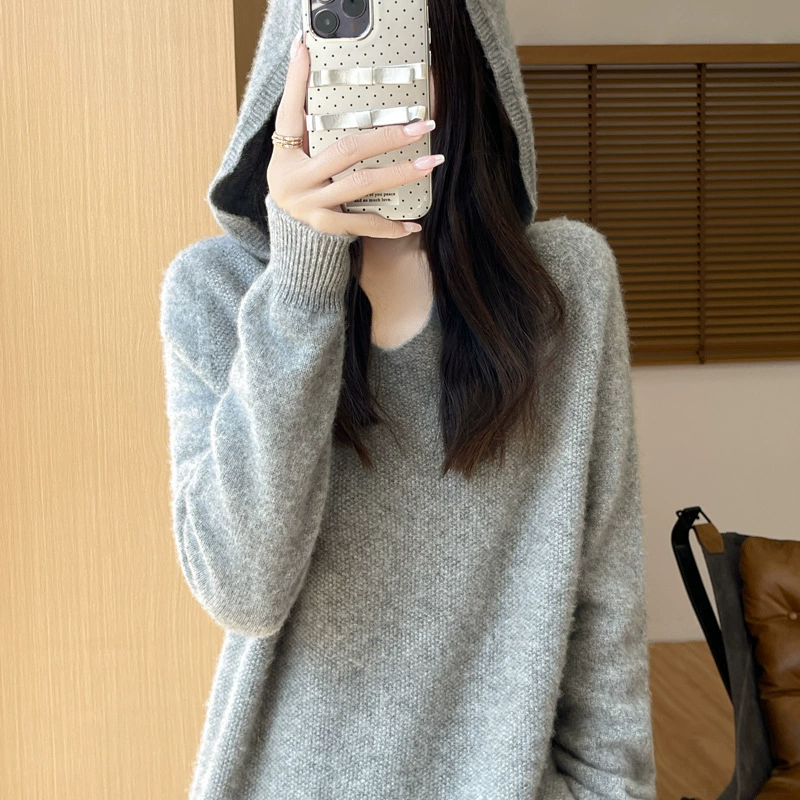 Готовый к носке осенне-зимний вязаный свитер с капюшоном для женщин, свободный свитер в корейском стиле, омолаживающий базовый шерстяной свитер, тонкая шерсть.