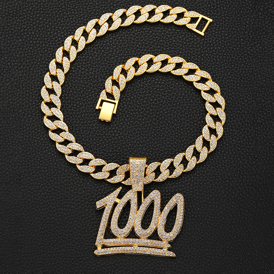 Hot selling full diamond 1000 point Cuban necklace Men's trendy cool street dance decorative pendant_voghion.com