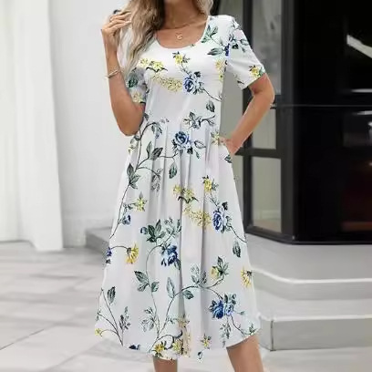 Women's 2024 Casual Flower Printed Back Zipper Beach Crewneck Short Sleeve Swinging Floral dress