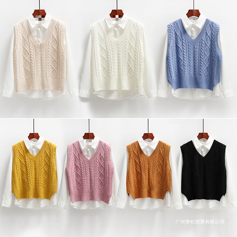 Two-Piece Sweater + Long-Sleeved Shirt Knitted Sweater Vest Vest Women's Korean Style Loose Preppy Style