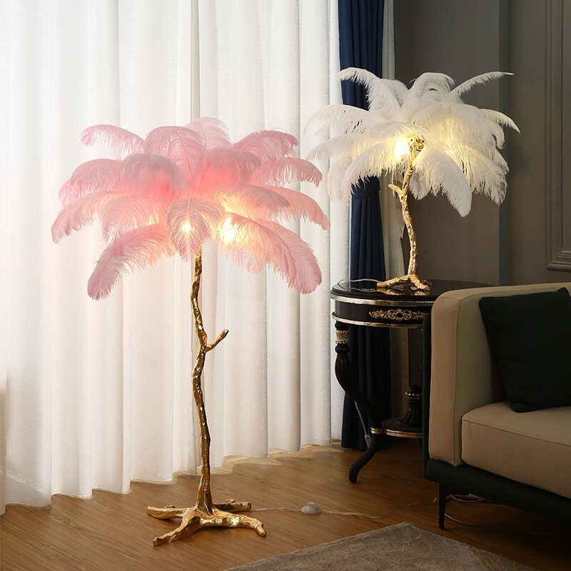 Bedroom Ostrich Feather Floor Lamp Nordic Decoration Princess Ins Style All-Copper Table Lamp Living Room Light Luxury American Style
