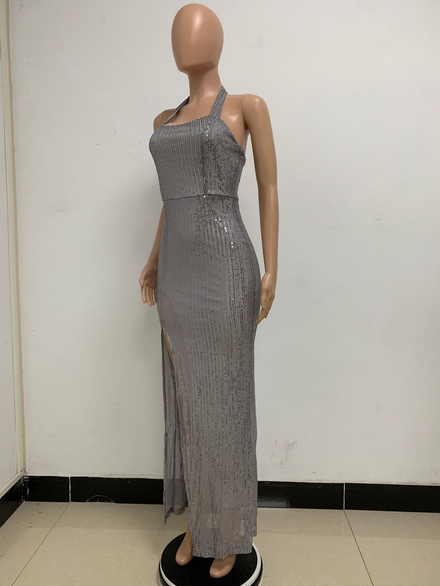 350g Weight Maxi Long Dress Dress Length Type Sleeveless Sleeve Length Party Dress Dresses Type Spandex, Polyester Fabric Type High Waist Waist Line Banquet, Party Occasion Halter Neck Neckline Slim Fit Type Solid Color Pattern Summer, Spring, Autumn Season Women's Gender Sequins Design Elegant, Sexy Style Wholesale Women's Elegant Sexy Sequins Solid Color Banquet Party Halter Neck Sleeveless Party Dress 54