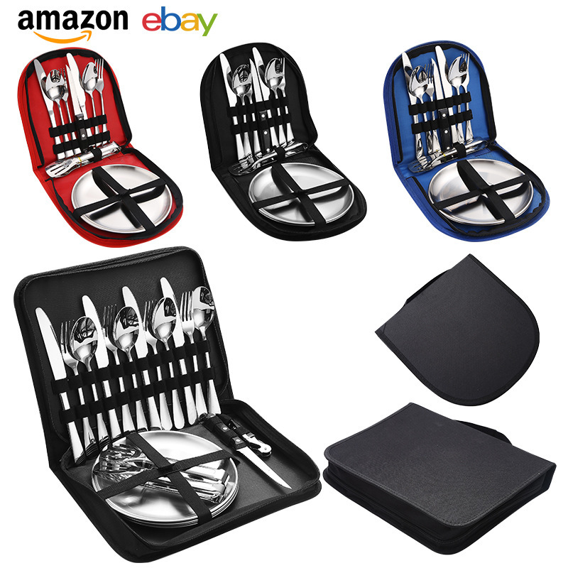 Amazon Stainless Steel Outdoor Tableware suit with Camping Steak Knife, Fork and Spoon Cloth Bag Custom Tableware suit