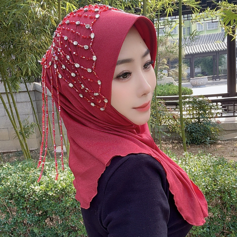 New Ethnic Hijab Hard Tassel Pullover Convenient Headscarf Hand-Sewn Fashion Gauze Scarf Tassel [Pianran]
