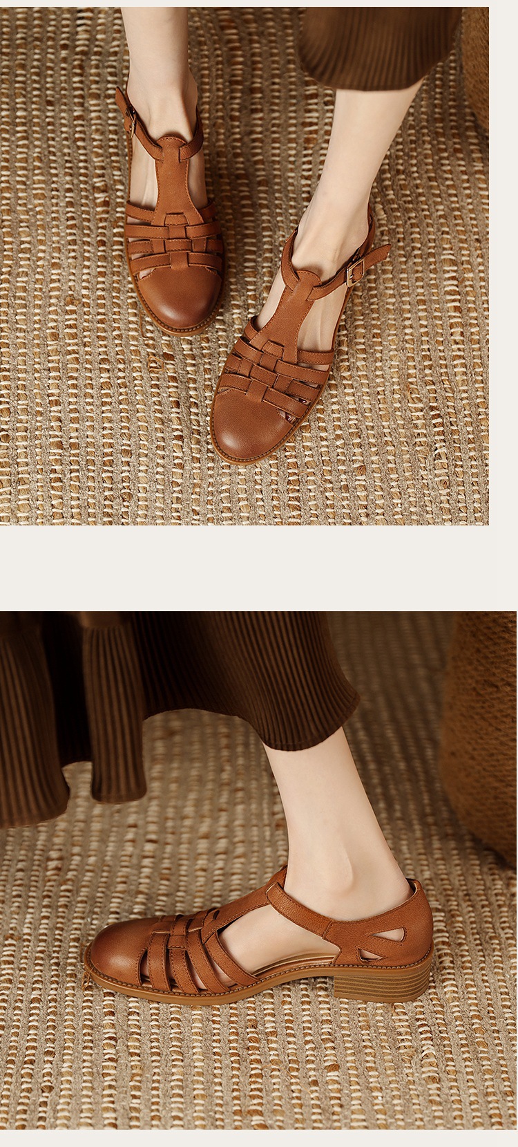 Sandal bít mũi da cừu phong cách La Mã quai chữ T dệt cho nữ — Màu caramel chi tiết 17