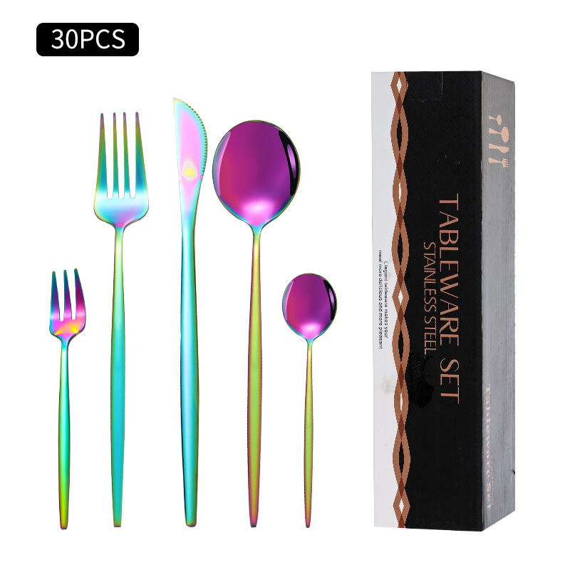 Cruz-Frontera de acero inoxidable vajilla portugués cuchillo y tenedor conjunto de 30 piezas de comida occidental cuchillo de filete de oro y cuchara de la caja de regalo