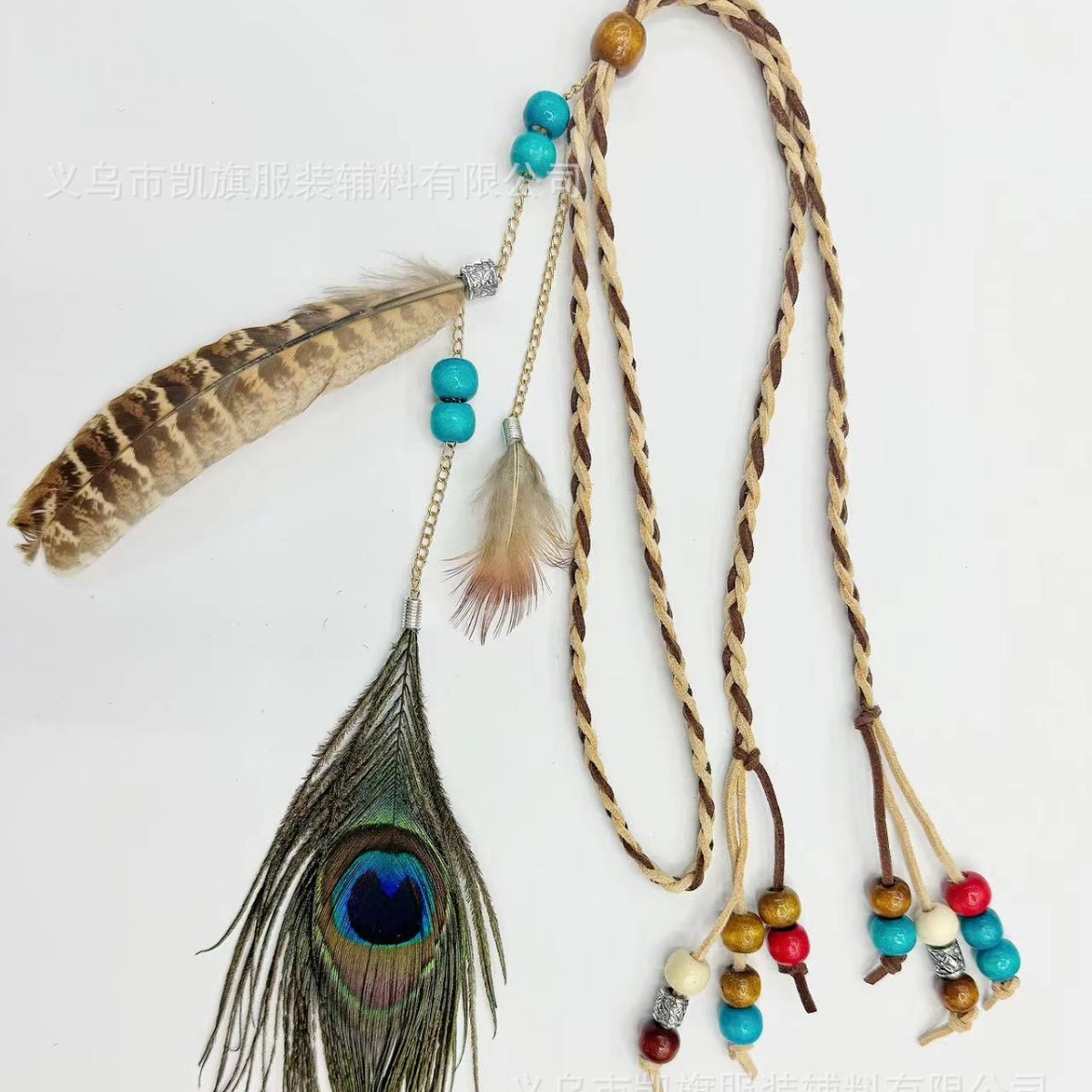 Indio cuentas de colores pluma de pavo real cuerda colgante accesorios para el cabello estilo étnico fotografía de viaje tocado estilo bohemio banda para el cabello