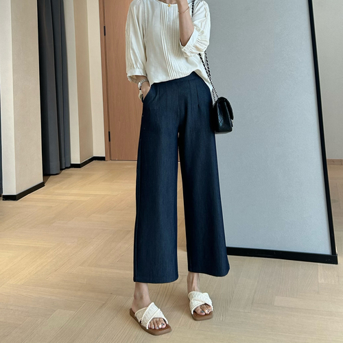 Zedejiayi: Dark-tinged Tencel Anti-Wrinkle, Loose-Fitting, Slimming High-Waist Wide-Leg Pants – Summer, High-Waist, Flowing Design, Cropped Style