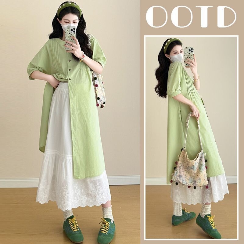 Maternity Outfit Stylish Summer New Arrivals Tiktok Hot-Selling Young Women's Long Shirt and Skirt Set Fashionable Loose Fit to Cover the Belly Maternity Outfit Stylish Summer New Arrivals Tiktok Hot-Selling Young Women's Long Shirt and Skirt Set Fashionable Loose Fit to Cover the Belly