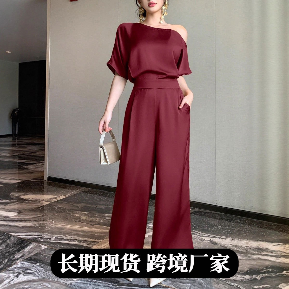 European and American Big-Name Women's Clothing 2026 Spring-Winter New Satin Jumpsuit for Women Elegant Asymmetrical Dress Factory