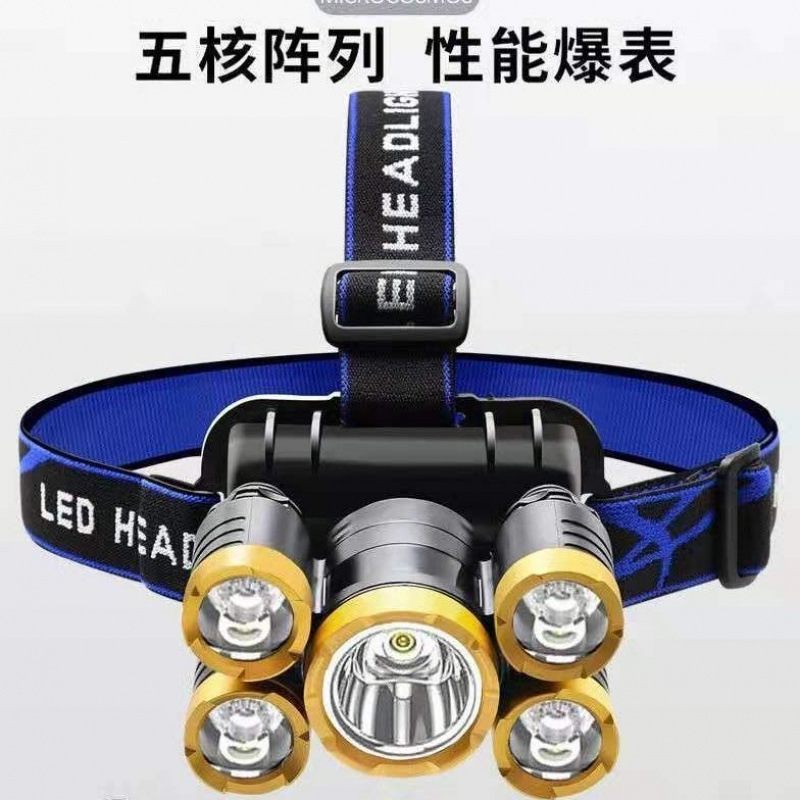Linterna de batería de litio LED, luz de mina de pesca nocturna de carga de largo alcance al aire libre, luz de cinco cabezas, luz de cabeza fuerte montada en la cabeza image 2