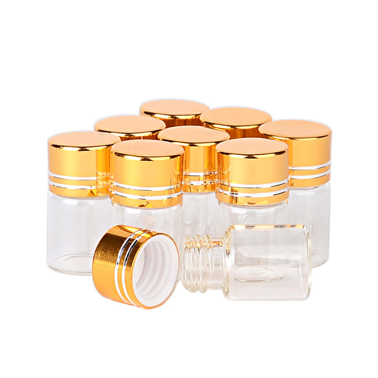 Small transparent glass bottle with gold cap for 16mm diameter screw mouth aluminum lid, wholesale sample vial small bottle