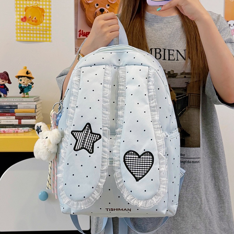 Soft Girl Style Polka Dot Bunny Ear Backpack for Girls, Cute and Youthful, Sweet and Adorable, Small Backpack for Students and Travel