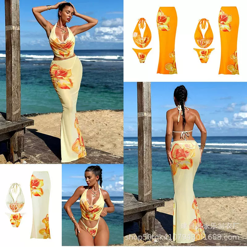 跨境2025夏新品优雅气质花朵印花上衣搭修身罩衫长裙三件套泳衣女