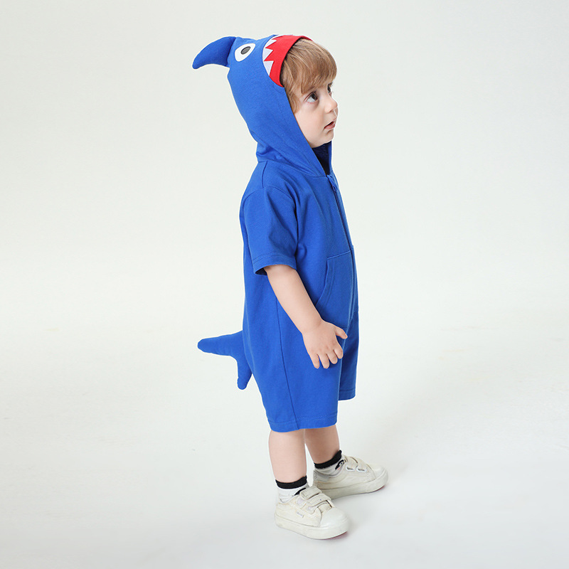 奇乐兔夏季新款婴幼儿宝宝连帽短袖鲨鱼造型立体尾巴单面连体衣