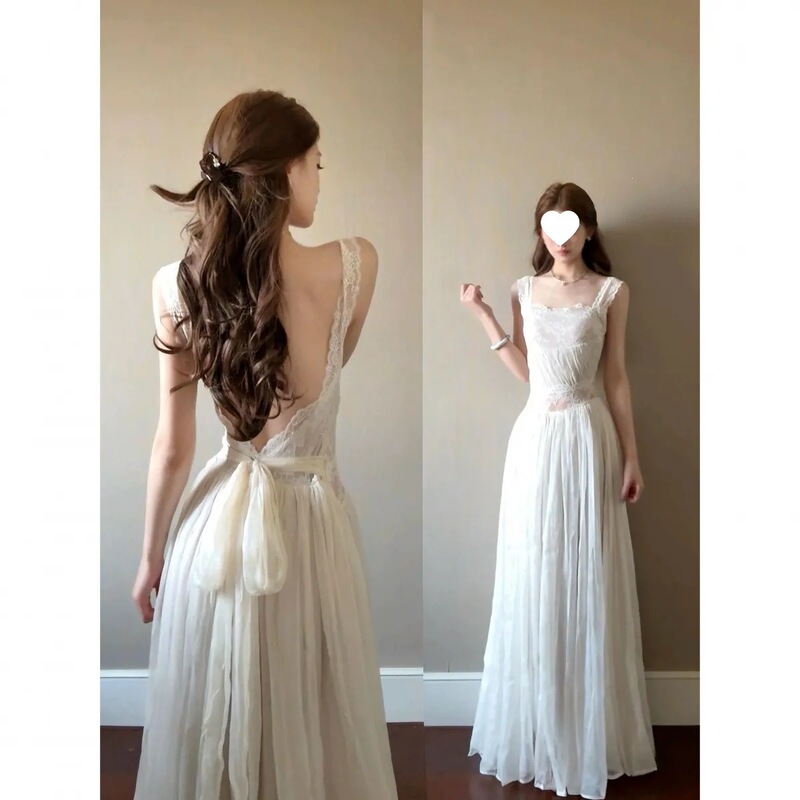 French-style white lace strapless backless slip dress for women, summer vacation style, elegant and waist-cinching, stunning long dress French-style white lace strapless backless slip dress for women, summer vacation style, elegant and waist-cinching, stunning long dress