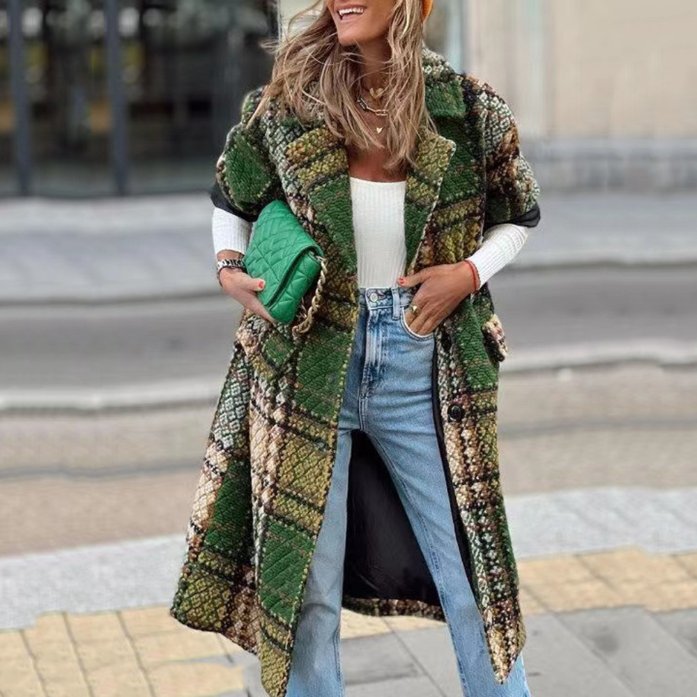 Women's Clothing Autumn and Winter New Women's Fashion Long Sleeve Lapel Jacket Printed Tweed Long Coat_ipsvogv.com