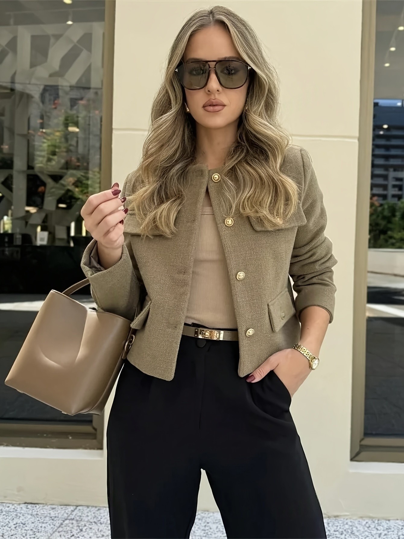 Women’s Cropped Blazer Jacket – Oversized Tweed Coat With Shoulder Pads (S-XL, Polyester, Beige)​_voghion.com