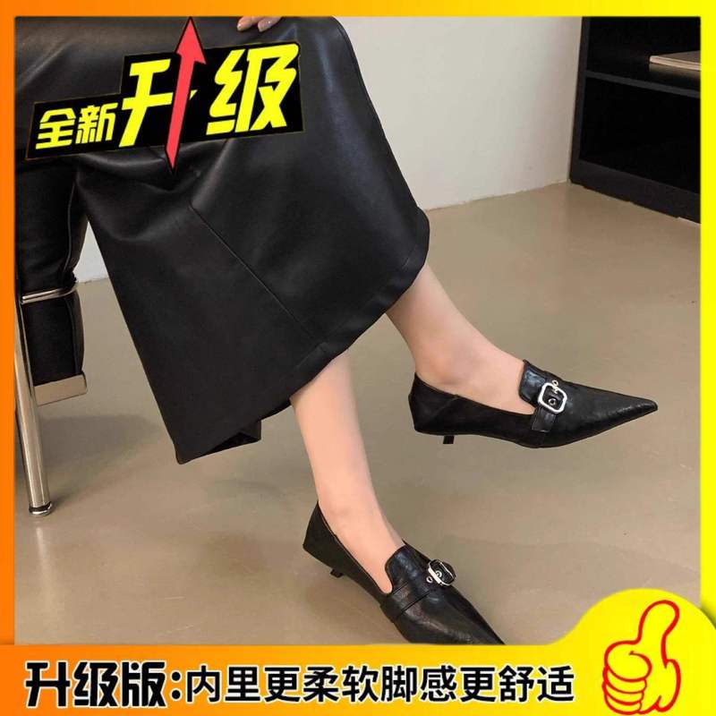 潮牌2025秋季皮带扣低跟尖头单鞋女气质软皮踩跟猫跟中跟小皮鞋|undefined