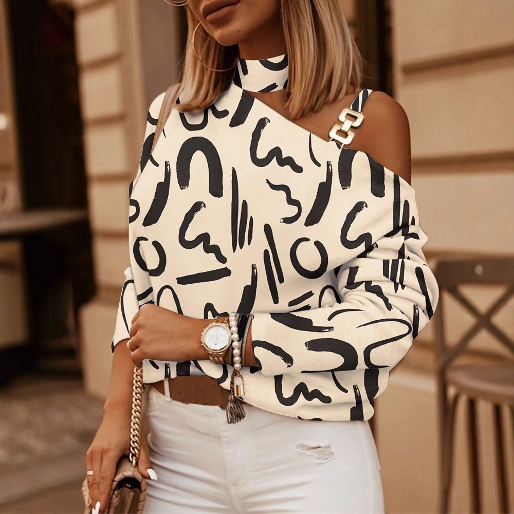 2022 estación independiente deseo Amazon popular Otoño e Invierno de manga larga cadena Halter impreso botón decorativo superior para las mujeres image 5