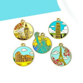 世界城市风景名建筑纪念品DIY合金滴油圆形饰品配件钥匙扣吊坠