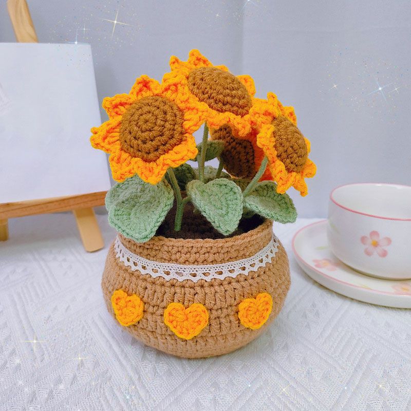 Tejido a mano DIY tulipán margarita en maceta ramo de flores lana ganchillo material paquete de flores decorativas caseras