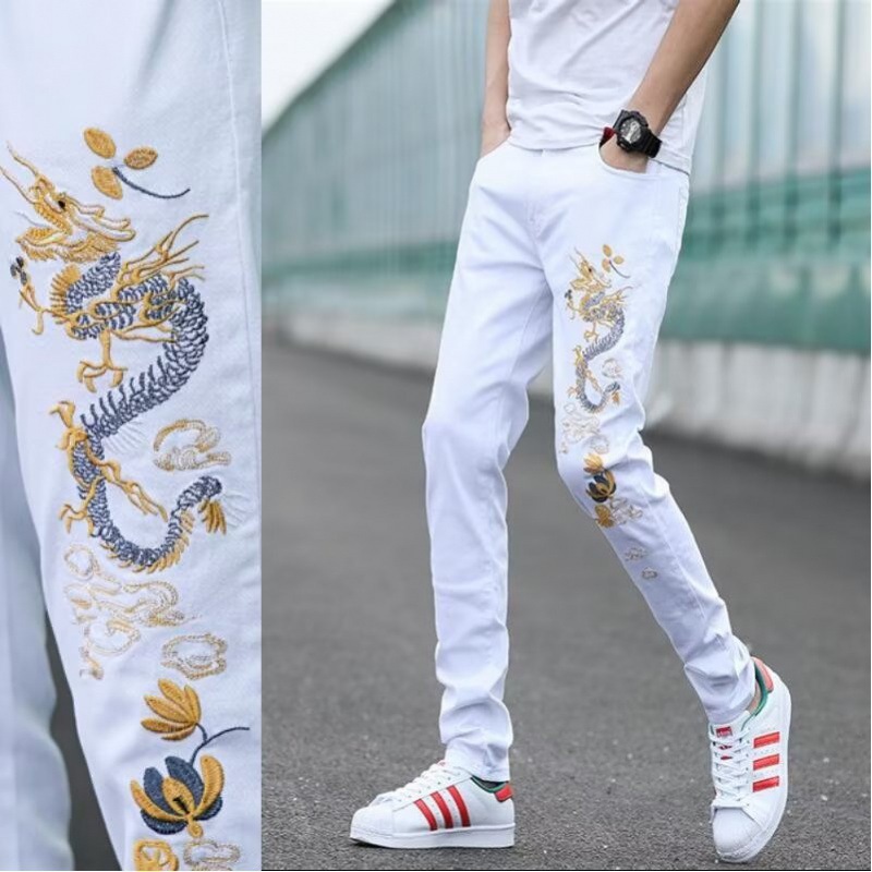 Summer Men's Jeans Slim White Trendy Brand Stretch Korean Style Trendy Slim-fit Trousers Men's Trendy Brand Ins