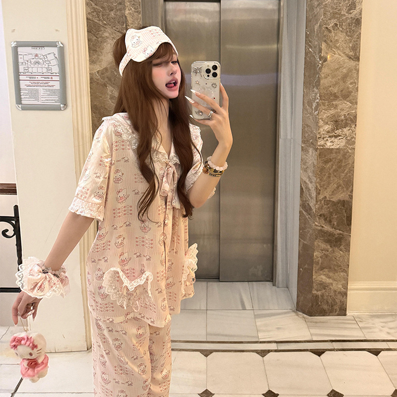 可爱hello kitty印花冰丝睡衣女款夏季新款短袖长裤家居服两件套|undefined