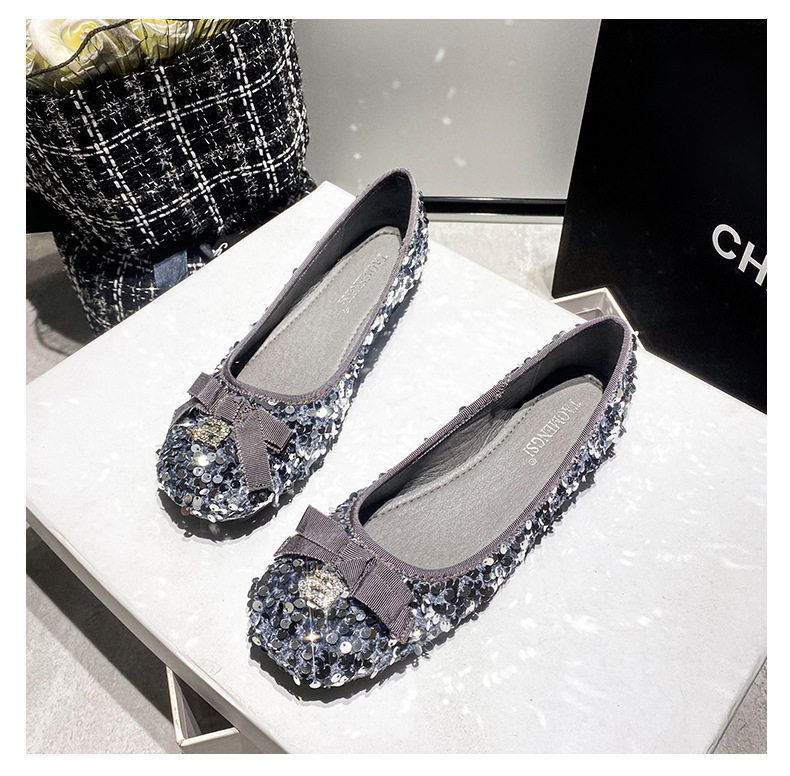 Giày búp bê nữ mũi vuông đế nhỏ đính sequin nơ, kiểu Mary Jane lười gót thấp 1–3 cm — Màu bạc, Màu đen chi tiết 31