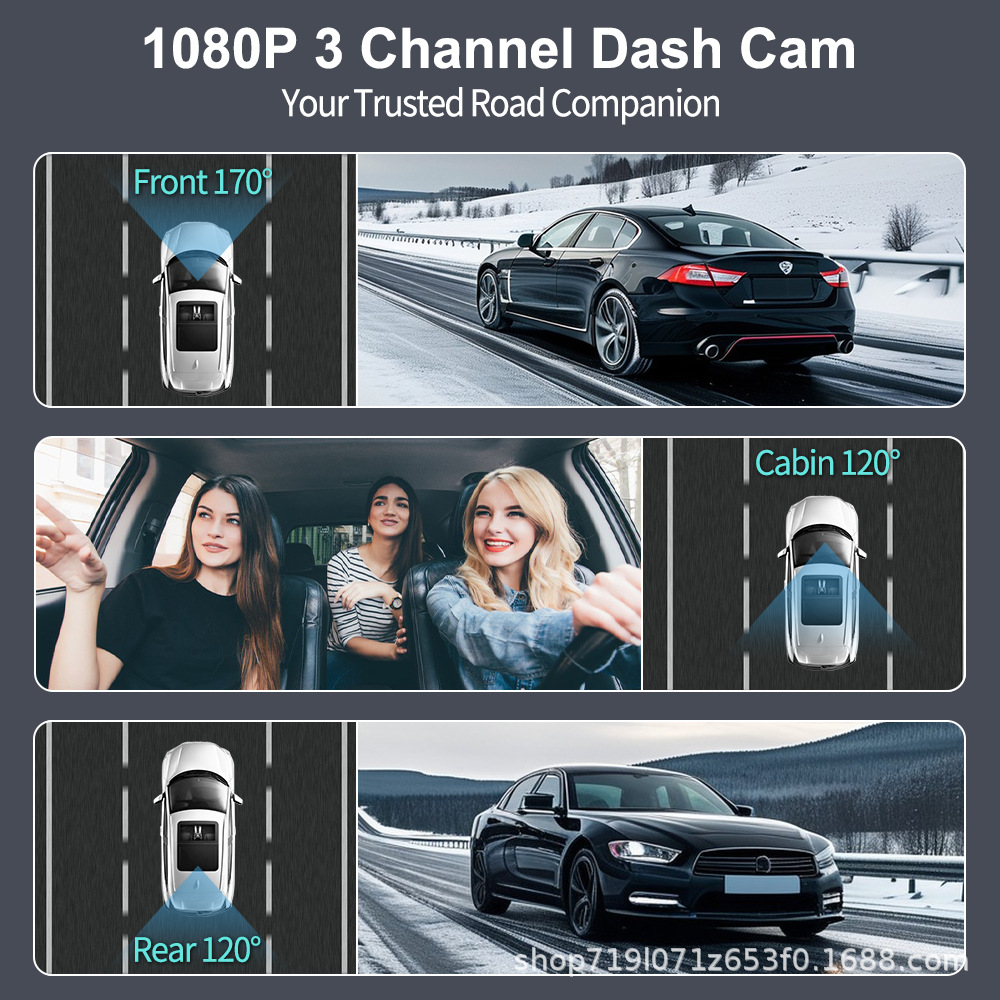 Three-camera dashcam 1080P HD front and rear interior night vision WiFi mobile phone connection loop recording