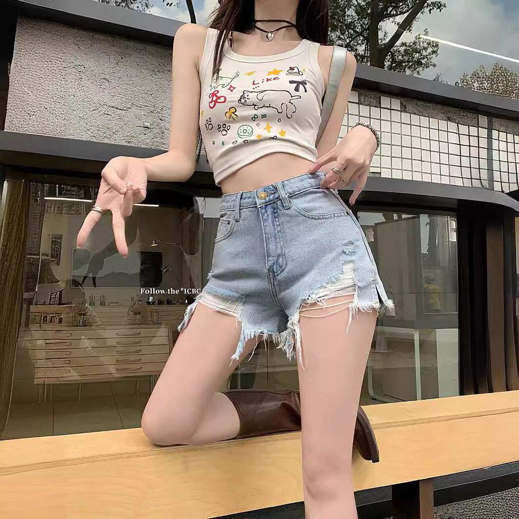 Clothing Home Retro Denim Shorts Women's Summer New Ripped High Waist Loose Slimming Spice Girl A- Line Wide Leg Hot Pants