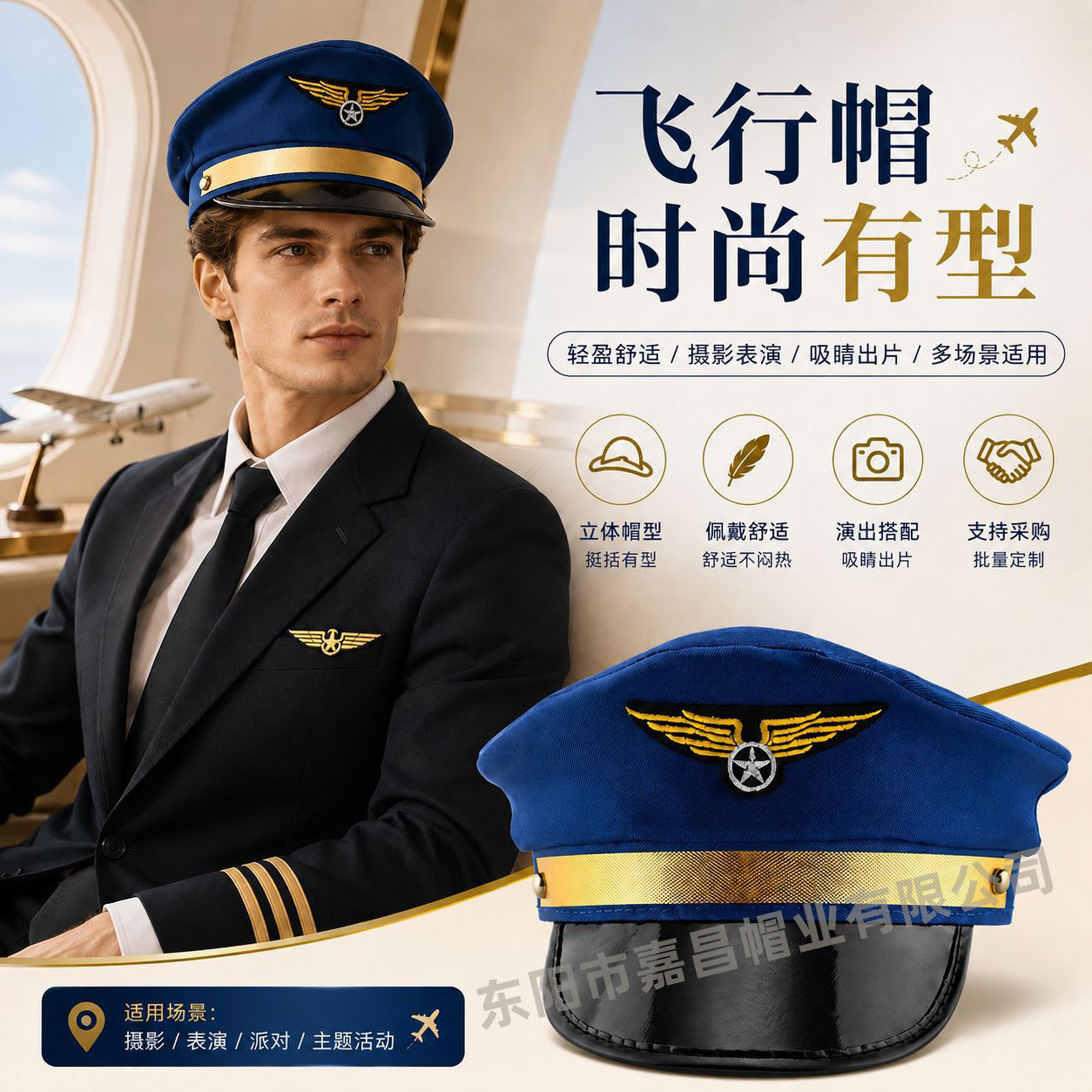 Cross-Border Flight Hat with Embroidered Badge, Captain's Hat, Cosplay Performance Hat, Party Costume Pilot's Large-Brimmed Hat