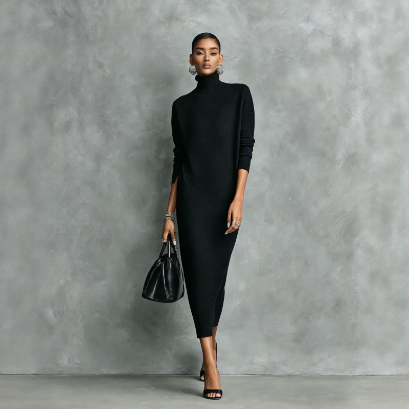 In-Stock 2026 Autumn New European and American Style Cross-Border Women's High-Neck Mid-Length Elegant Long-Sleeve Loose Dress