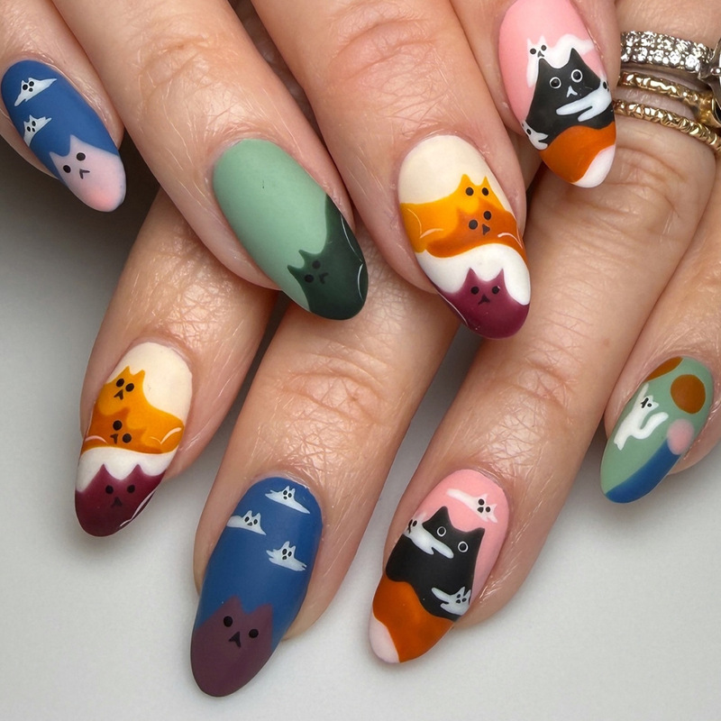 New Color-Blocking Fake Nails Artificial Nail Patches Cartoon Ghost Demon Nebula Moon Fake Nails Foreign Trade Nail Art