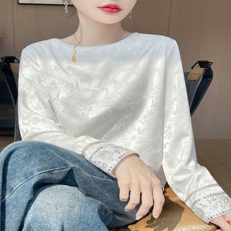 Spring and Autumn New Style Elegant Luxury Satin Round-Neck Shirt for Women, New Chinese Style Simple Jacquard Casual Base Shirt Spring and Autumn New Style Elegant Luxury Satin Round-Neck Shirt for Women, New Chinese Style Simple Jacquard Casual Base Shirt