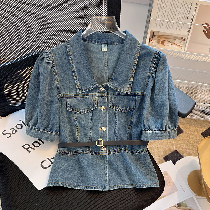 Vintage Puff Sleeve Denim Shirt Women's Summer Thin Korean-style Slimming Lace-up Waist Top Hong Kong-style Short Jacket