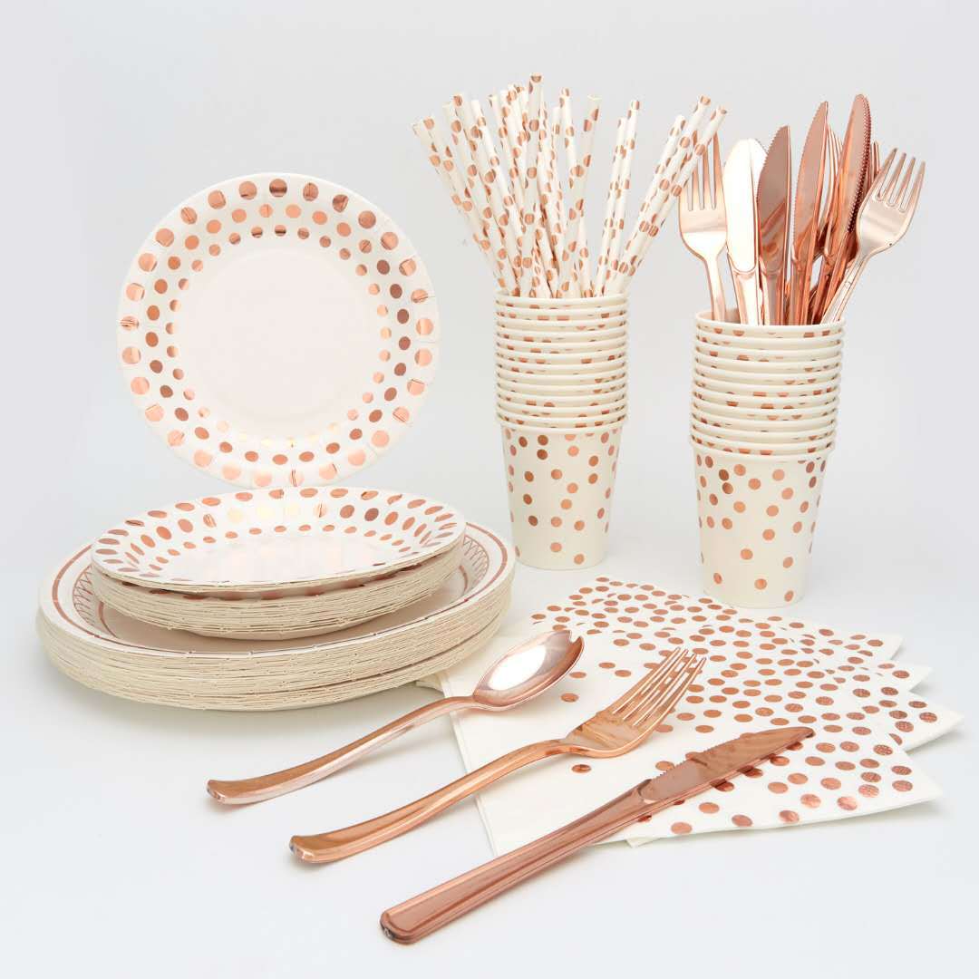 Hot Rose Gold dot desechable degradable plato de papel taza de papel cuchillo, tenedor y cuchara vajilla traje hotel restaurante comida occidental suministros