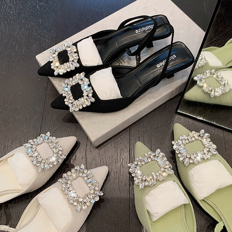 French Style Pointed Toe High Heeled Sandals 2022 Summer Square Buckle Rhinestone Pointed Toe Shallow Hare Thin Heeled Sandals for Women Summer