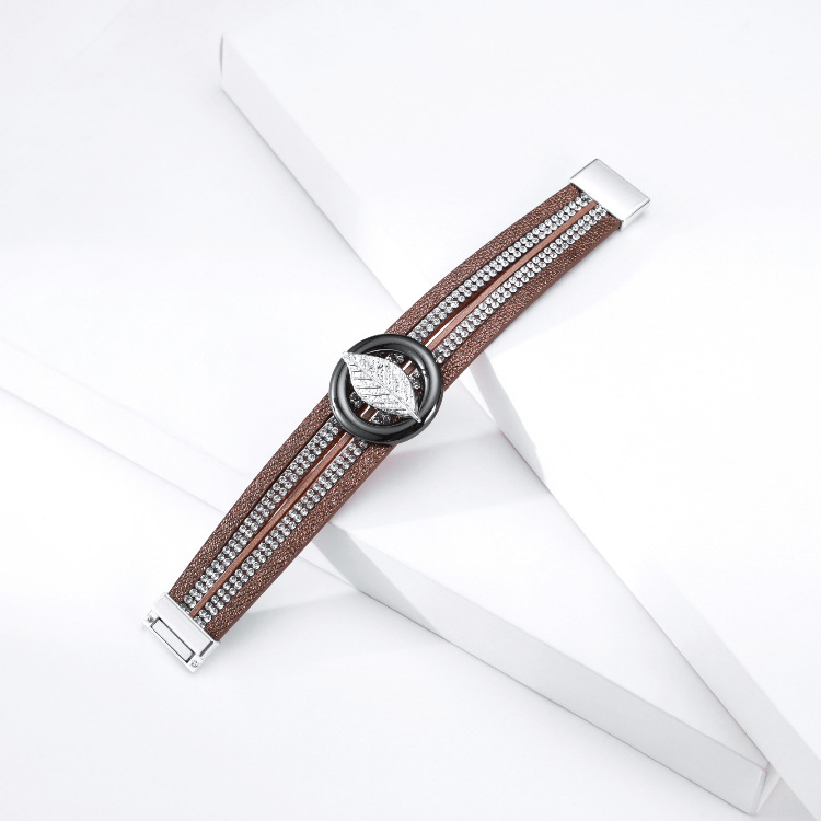 Bohemian Multilayer Hot Rhinestone Leaf Leather Bracelet