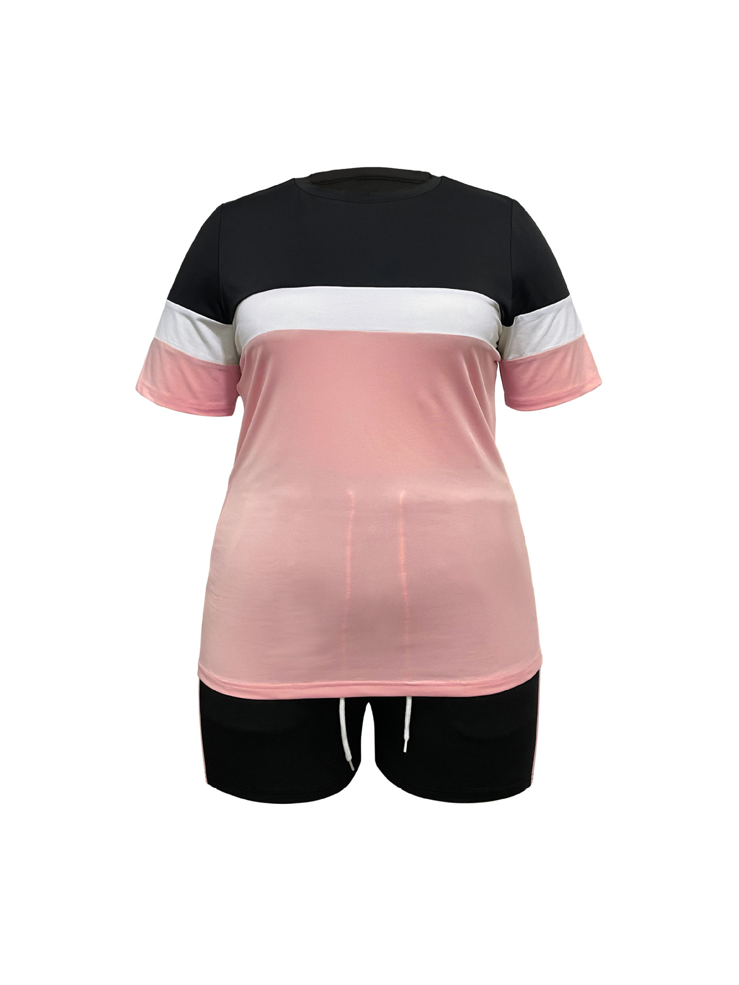 Women's Summer Sportswear Set Fashionable Color Block Crew Neck Short Sleeve T-Shirt Drawstring Shorts 2 Piece Outfit_ecoleips.com