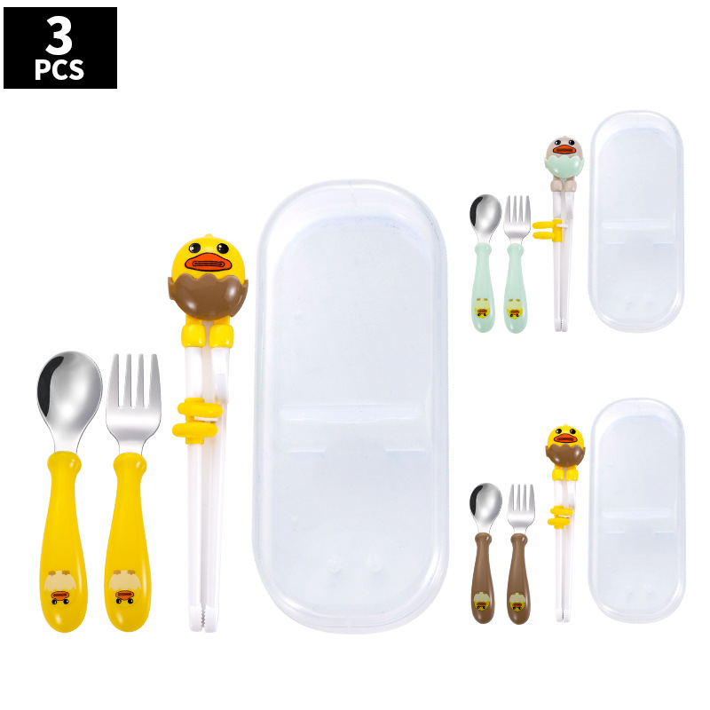 Nuevo acero inoxidable 304 niños dibujos animados palillos de entrenamiento bebé lindo suplemento cuchara tenedor portátil de tres piezas conjunto
