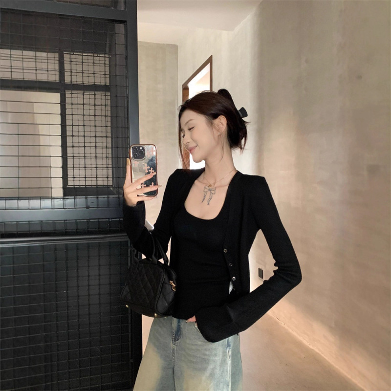 针织开衫外套两件套装女春秋长袖挂脖吊带背心上衣|undefined